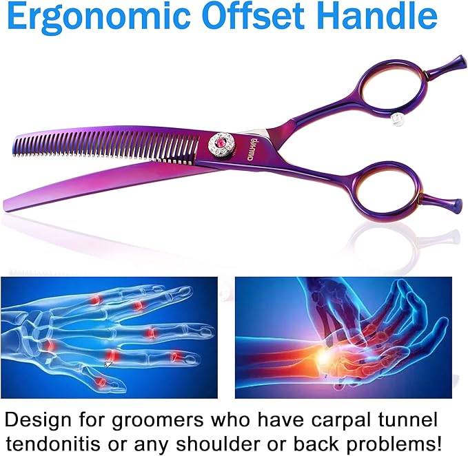 7" Professional Curved Thinning Scissors for Dog Grooming Sharp Blades Blending Shears Dog Grooming Scissors Japan 440C Stainless Steel Smooth Motion & Fine Cutting(Multicolored)