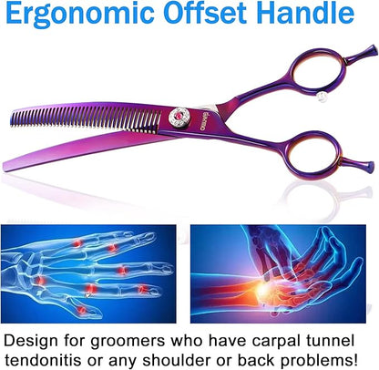 7" Professional Curved Thinning Scissors for Dog Grooming Sharp Blades Blending Shears Dog Grooming Scissors Japan 440C Stainless Steel Smooth Motion & Fine Cutting(Multicolored)