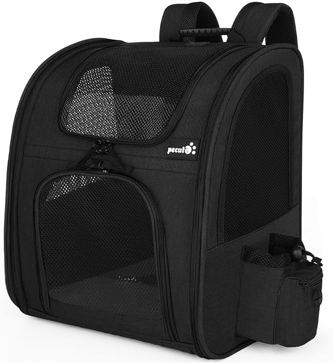 Pecute Cat Backpack, Adult Cat Backpackswith Breathable Mesh, Collapsible Small Dog Backpack, Pet Backpack with Multi-Pockets, Great for Travel Hiking Camping (Black)