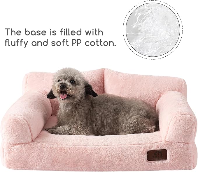 Hollypet Fluffy Plush Pet Cat Couch Soft Calming Pet Sofa Beds for Medium Small Cats and Dogs, Pink