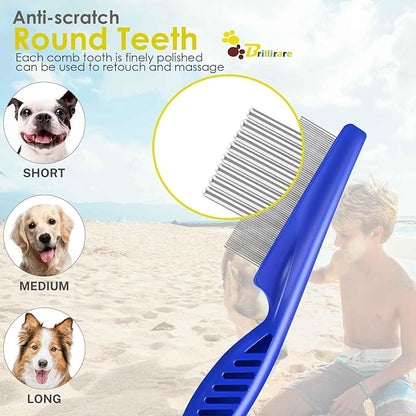 3 Pack Dog Grooming Comb, Flea Lice Pet Combs, Stainless Steel Cat Combs with Rounded Teeth, Double Sided Professional Tear Stain Remover, Dematting Tool for Small Medium Large Pets