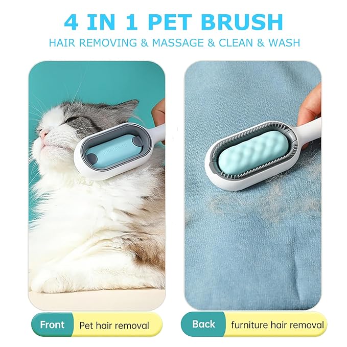 4 in 1 Pet Hair Removal Comb with Gravity Water Tank, Cat Dog Massage Brush Self Cleaning Grooming Wet Comb for Shedding Fur (Short Hair, 2PCS)