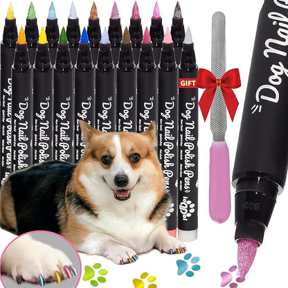 18 Metallic & Matte Colors Dog Nail Polish Pens Quick Dry with Dog Nail File, Non Toxic Glitter Dog Safe Nail Polish, Easy to Apply Pet Safe Accessories for Small and Large Puppies