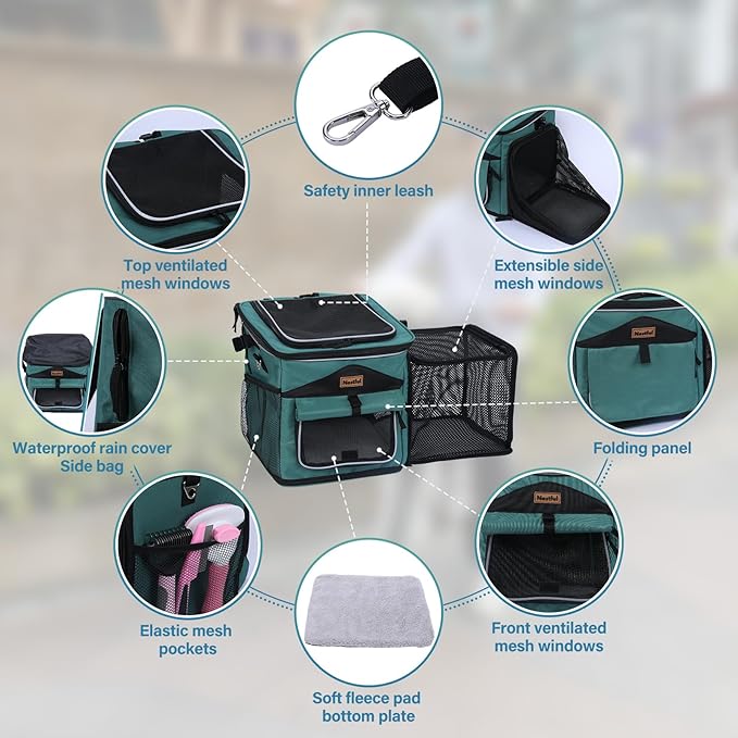 Dog Bike Basket Carrier, Expandable Foldable Dog Basket for Bike, Soft-Sided Dog Bike Carrier Pet Travel Bag, Bike Dog Carrier Backpack Carrier Safe and Easy for Small Cats and Dogs (Green)