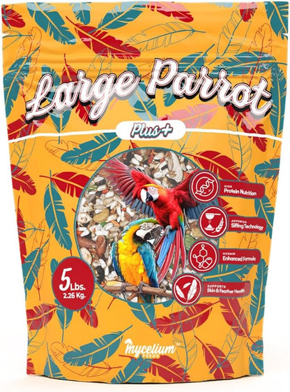 Mycelium Organic Large Parrot Plus Bird Food (5 LBS) | Premium Bird Seed for Macaws, Cockatoos & Parrots | High-Protein, Vitamin-Fortified, Skin & Feather Support | Non-GMO, USA Made, No Fillers