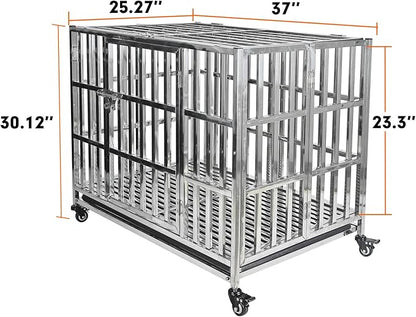 37 Inch Heavy Duty Dog Crates for Meduim Dogs, Stainless Steel Indestructible Small Dog Kennel Indoor, Puppy Dog Crate Cage with Lockable Rolling Wheels, Double Door and Removable Tray