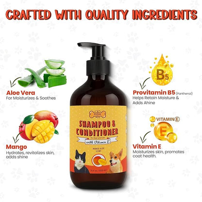 POM Pets 2-in-1 Organic Dog Shampoo & Conditioner – Itchy Skin Relief, Dog Deshedding, Detangles Fur, Cat Shampoo, Paw Cleaner for Dogs, Natural Coat Defense Formula