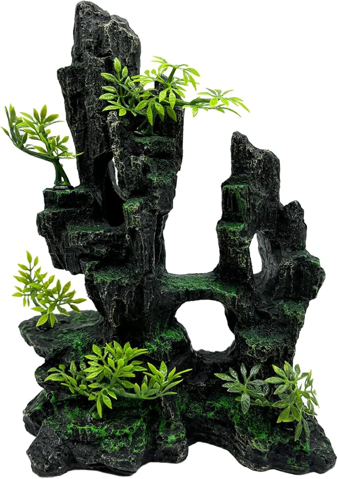 Tfwadmx Aquarium Mountain View Moss Tree Rock Cave Fish Tank Stone Ornament Landscape Decoration with Small Plants