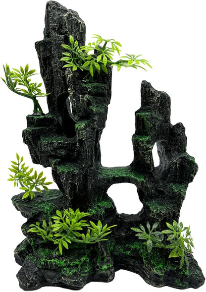Tfwadmx Aquarium Mountain View Moss Tree Rock Cave Fish Tank Stone Ornament Landscape Decoration with Small Plants