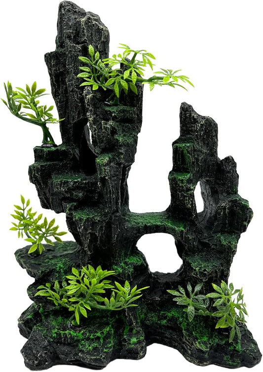 Tfwadmx Aquarium Mountain View Moss Tree Rock Cave Fish Tank Stone Ornament Landscape Decoration with Small Plants