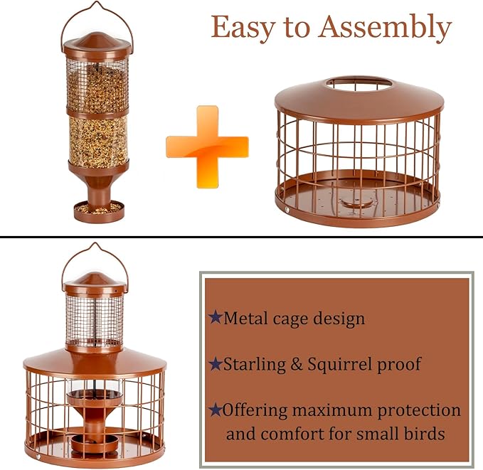 Caged Bird Feeders Squirrel-Proof, Metal, 2.8 Lbs Capacity-Cage Tube Seed Feeders with Tray Outdoor Hanging, Attract Birds,Detachable Cleaning, Starling Proof Wild Bird Feeder（Brown）