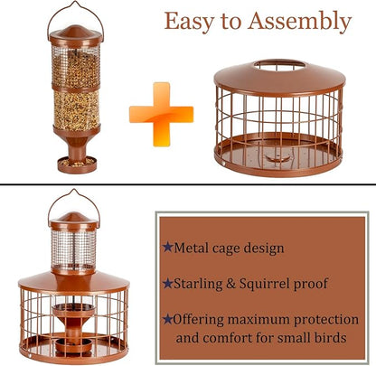Caged Bird Feeders Squirrel-Proof, Metal, 2.8 Lbs Capacity-Cage Tube Seed Feeders with Tray Outdoor Hanging, Attract Birds,Detachable Cleaning, Starling Proof Wild Bird Feeder（Brown）