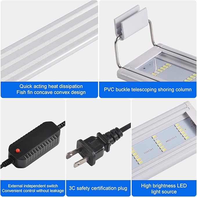 LED Aquarium Light, Full Spectrum Fish Tank Lighting, Ultra-Thin 1cm Design, 6-Row Blue & White LEDs, No Flicker, High Efficiency Cooling for 22.83-25.83in Fish Tanks (22.83inch)