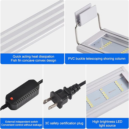 LED Aquarium Light, Full Spectrum Fish Tank Lighting, Ultra-Thin 1cm Design, 6-Row Blue&White LEDs, No Flicker, High Efficiency Cooling for 14.96-17.96in Fish Tanks (14.96inch)