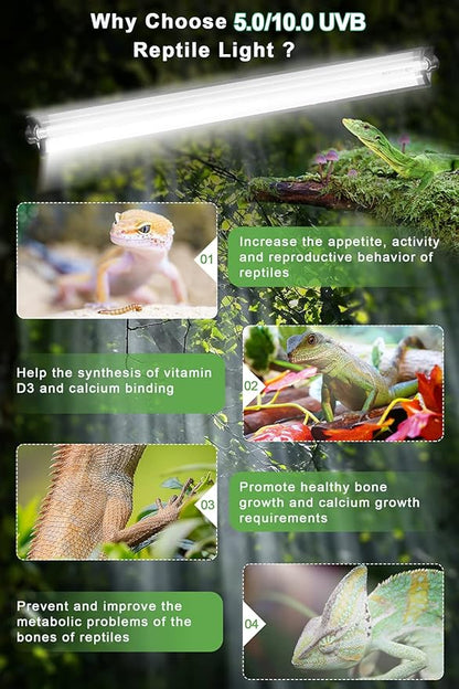 24W T5 HO UVB Reptile Light Fixture Kit, Terrarium Hood Light with Desert UVB 10.0 Fluorescent Tube, Ideal for Tropical and Desert Habitats