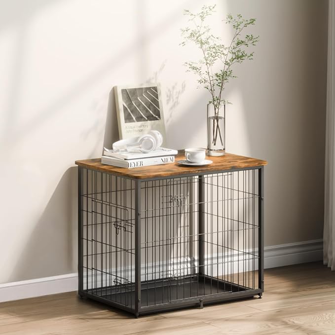 VEVOR 27" Dog Crate Furniture With Double Doors, 2-in-1 Decorative Wooden Kennel End Table, Removable Tray, Holds up to 30 lbs for Small, Medium Dogs - Brown