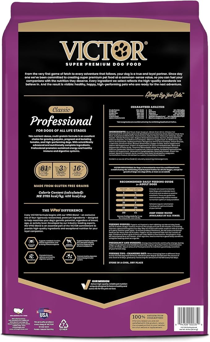 VICTOR Super Premium Dog Food – Professional Dry Dog Food – Super Premium Kibble with 26% Protein – Gluten-Free with Beef, Chicken & Pork Meals – for High Energy and Active Dogs & Puppies, 15lbs