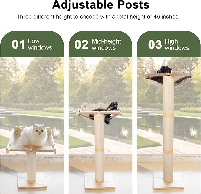 Upgraded Cat Window Perch with Scratching Post, 47.3" Adjustable Cat Tall Scratching Posts & Suction Cup – Multi-Level Perch for Climbing, Bird Watching, and Play, Supports 50 lbs (Drilling-Free)