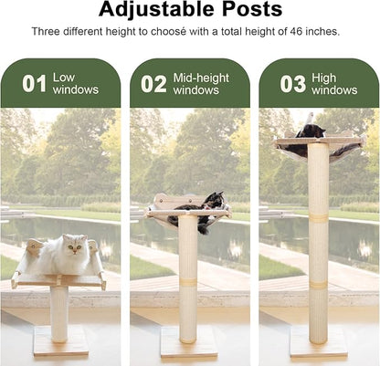 Upgraded Cat Window Perch with Scratching Post, 47.3" Adjustable Cat Tall Scratching Posts & Suction Cup – Multi-Level Perch for Climbing, Bird Watching, and Play, Supports 50 lbs (Drilling-Free)