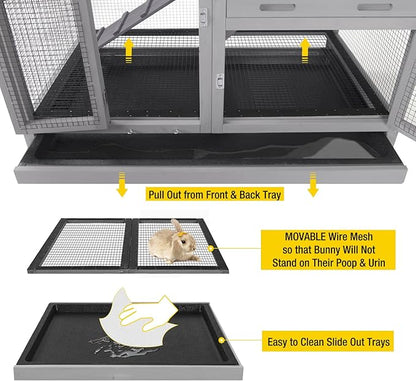 Aivituvin Rabbit Hutch Large Wooden Bunny House Guinea Pig Cages on Wheels, Two Trays, Indoor Outdoor