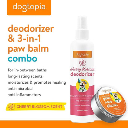 3-in-1 Paw Balm & Deodorizer Spray - Between Baths Bundle for Pets | Moisturizing Balm for Cracked Skin (2oz) & Long-Lasting Cherry Blossom Odor Eliminator (8oz) for Dogs & Cats