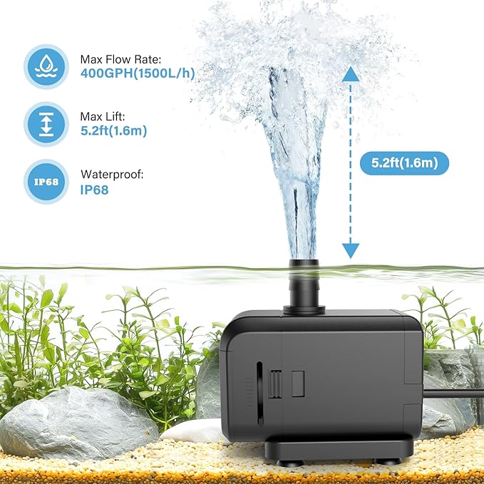 AQQA Submersible Aquarium Water Pump, Fountain Pump with Adjustable Flow,Dual-Suction Side/Bottom Intake,Ultra-Quiet Thermal Protection for Freshwater Saltwater Fish Tanks Pond Statuary Hydroponics15W