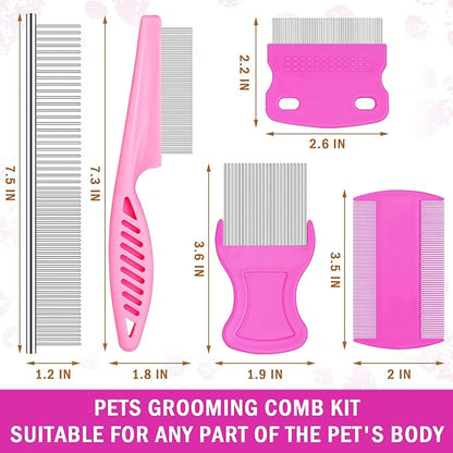 Cunhill 5 Pieces Dog Flea Combs for Grooming Lice Tick Comb for Small Dogs Puppies Stainless Steel Teeth Tear Stain Remover 2-in-1 with Round Teeth to Remove Knots Crust Mucus