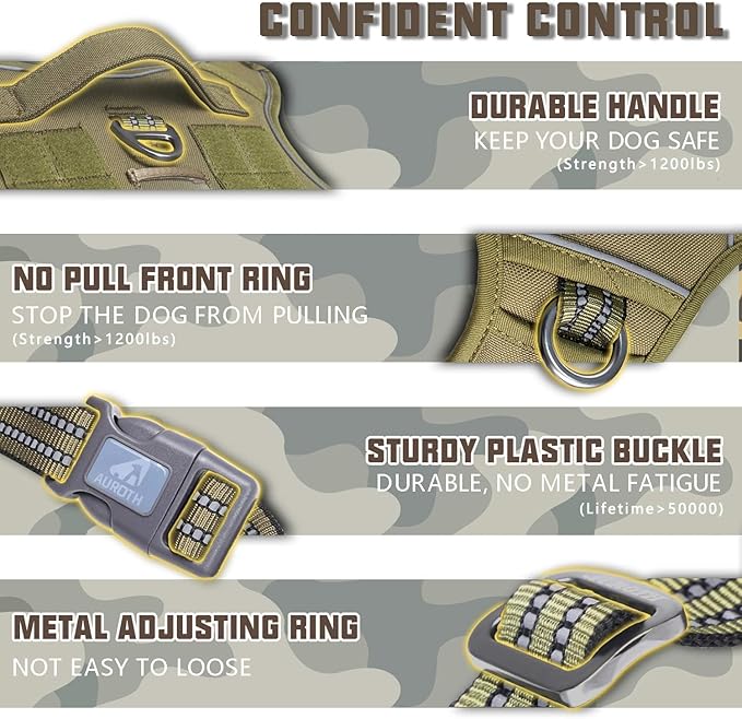 Auroth Tactical Dog Harness for Small Medium Dogs No Pull Adjustable Pet Harness Reflective K9 Working Training Easy Control Pet Vest Military Service Dog Harnesses Army Yellow M