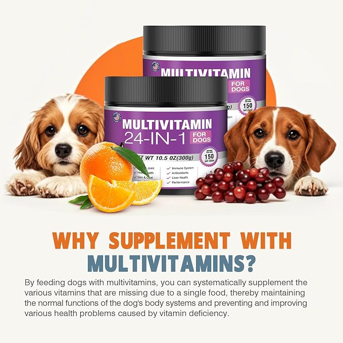 24-in-1 Dog Vitamins and Supplements 300 Ct Dogs Multivitamin Chewable Contain Chondroitin Probiotics Omega-3 Glucosamine for Dogs Skin Coat Heart Joint Gut Liver Brain Eyes Immune Support - Chicken