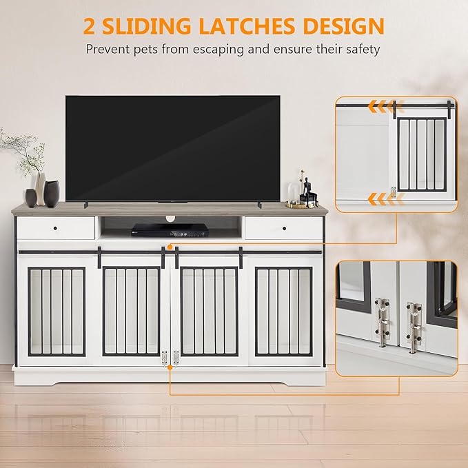 3-in-1 Double Dog Crate Furniture, 66.1 Inch White Furniture Kennel for Large Dogs with Divider, Dog Kennel Dog Crates TV Stand with 2 Drawers and Sliding Doors