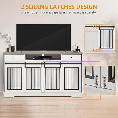 3-in-1 Double Dog Crate Furniture, 66.1 Inch White Furniture Kennel for Large Dogs with Divider, Dog Kennel Dog Crates TV Stand with 2 Drawers and Sliding Doors