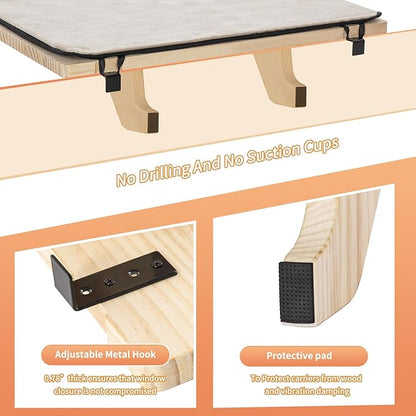 PETSFIT Window Perch, Cat Hammock Window Seat with Natural Solid Wood&Removable Fleece Mat,Safety Sturdy Cat Bed for Windowsill, Bedside and Drawer