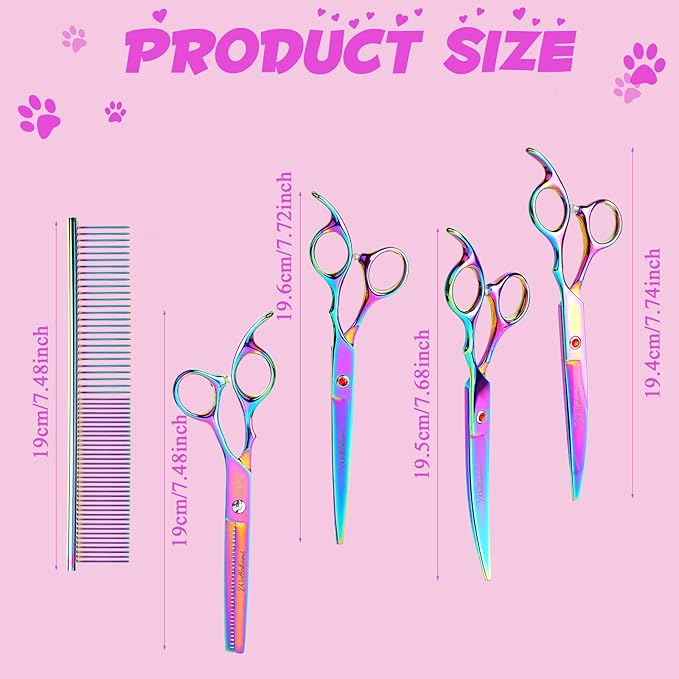 7 Inch Professional Pet Grooming Scissors Set, Curved Straight Dog Scissors, Thinning Shears, 8 in 1 Kit with Comb, Silver, Stainless Steel