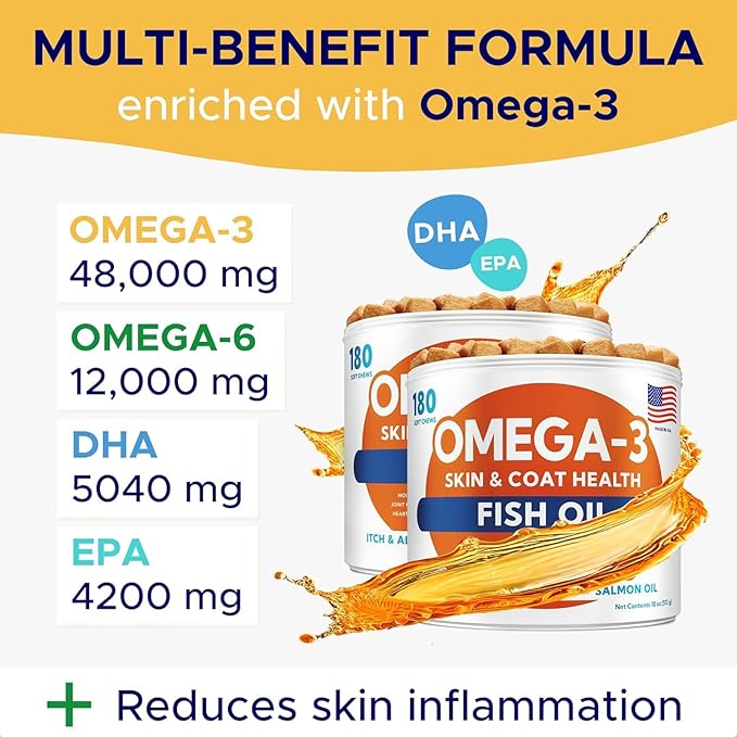 Omega 3 Fish Oil for Dogs (360Ct Peanut) - Skin&Coat Chews - Dry & Itchy Skin Relief + Allergy Support - Shiny Coat - EPA&DHA Fatty Acids - Salmon Oil Chews Promotes Heart Support