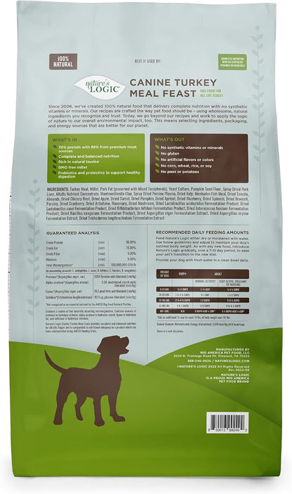NATURE'S LOGIC Dry Dog Food - 100% Natural - No Synthetics - for All Ages, Sizes, Breeds - Free from Common Allergens, High Protein - Turkey Meal Feast, 13lbs