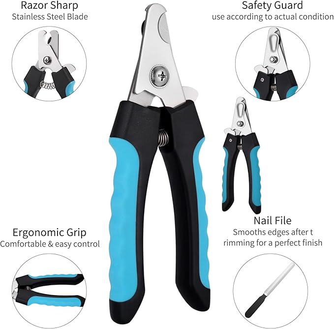 All-in-One Pet Grooming Kit: Nail Clippers with Safety Guard, Nail File & Dematting Comb, Comfortable for Pets & Owners
