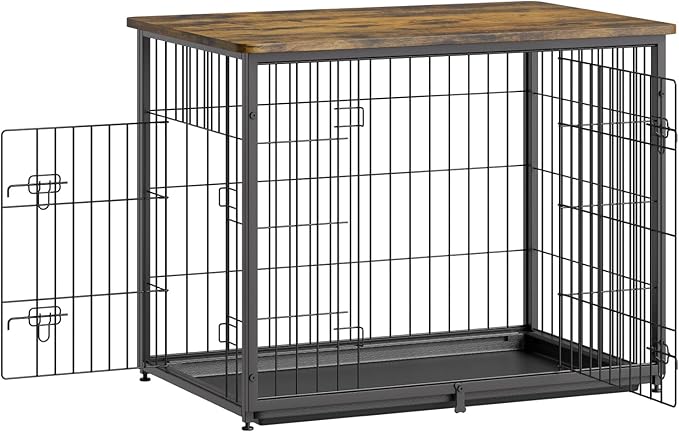 VEVOR 33" Dog Crate Furniture, Dog Kennel Furniture with Double Doors, 2-in-1 Decorative Wooden Dog Crate with Removable Tray, Dog Crate End Table Hold up to 45 lbs for Small, Medium Dogs Brown