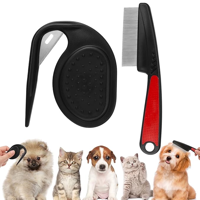 2PCS Flea Comb-Pet Knotting Comb, Tick Comb for Long Haired Pets- Remove Clumps Stainless Fine Tooth Dog Eye Comb Tear Stain Comb for Small Dogs Cat Pet Grooming Comb
