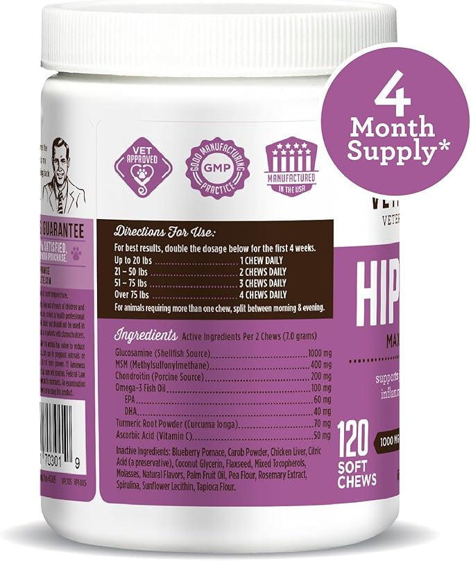 Dr. Joseph's VetPro Complete Dog Hip and Joint Supplement, 120 Count, Chicken Flavored Pain and Inflammation Relief Chews with Glucosamine, Chondroitin, MSM, Turmeric, Vitamin C, Omega 3