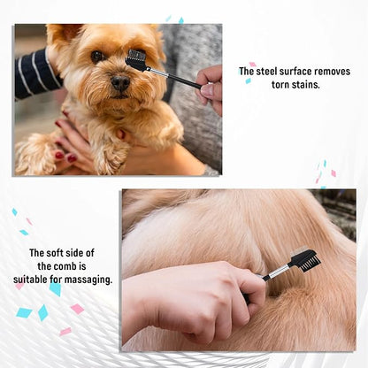 Double-Head Grooming Comb for Small Dogs Cats 2-in-1 Pets Grooming Comb with Metal Teeth and Brush for Remove Tear Stain Knots Flea (2 Pcs)