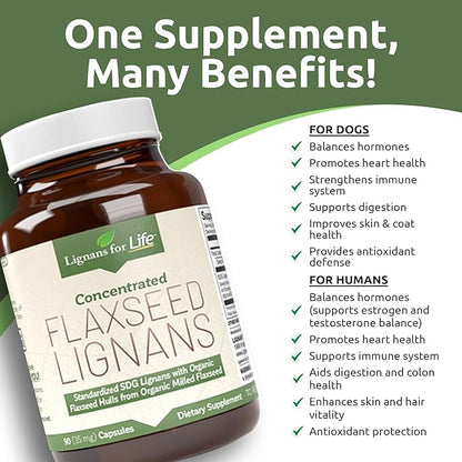 Lignans For Life Flaxseed Lignans for Dogs + SDG - Omega 3 Fatty Acids, High Fiber Antioxidants Helps Improve Shiny Coat, Digestive & Heart Health Lignans, 35mg, 90 Flaxseed Capsules, 2 Pack
