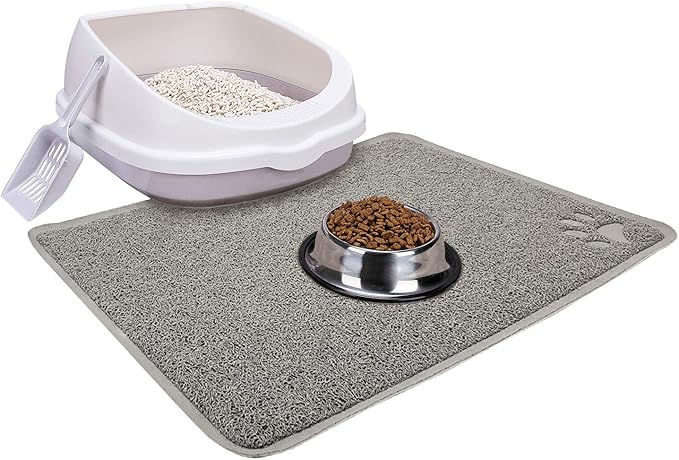 Cat Open Top Litter Box with Lid, Litter Mat, Poop Lifter Scoop & Kitten Kitty Stainless Steel Feeding Dish Bowl, Starter Kit 4 Pack for Small cat Within 5 Months (Grey-One Entry)
