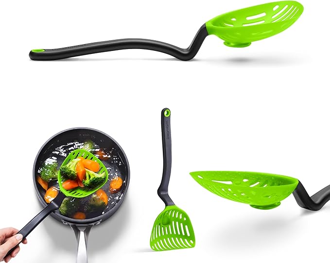 Dreamfarm Lestrain 2-in-1 Drip-Catching Sit-Up Slotted Cooking Spoon Scoop & Strainer - 11" Green
