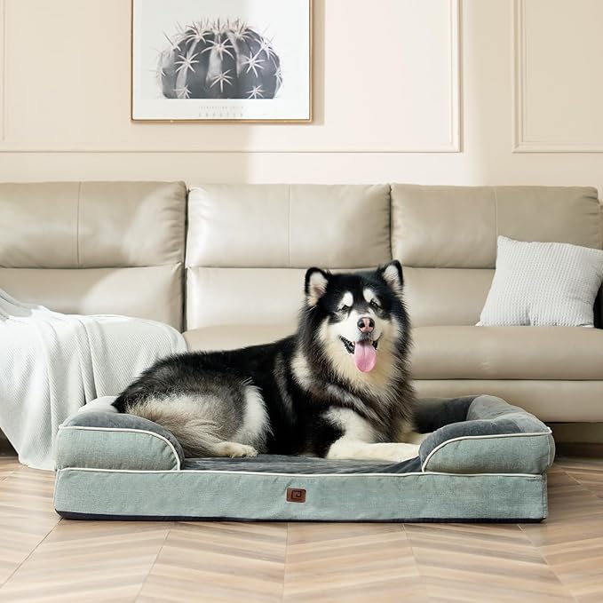 EHEYCIGA Orthopedic Dog Beds for Extra Large Dogs, Waterproof Memory Foam XXL Dog Bed with Sides, Non-Slip Bottom and Egg-Crate Foam Big Dog Couch Bed with Washable Removable Cover, Greyish Green
