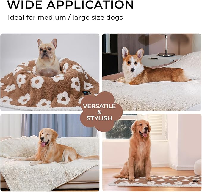Luciphia Waterproof Dog Cat Blanket Fluffy Thick Fleece Pet Blanket,Washable Double Sided Sherpa Calming Blankets Flower Print Blankets for Medium Large Dogs Cats(Khaki,67x57 inches)