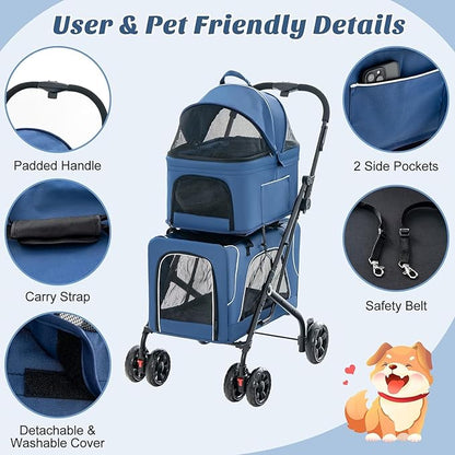 Double Dog Stroller, Foldable 3-in-1 Cat Stroller with 2 Detachable Carriers, Safety Belt, Washable Cover, Removable Pads, 4 Wheels Travel Pet Stroller for Small Medium Dogs (Blue)
