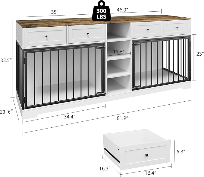 82 Double Dog Crate Furniture, Large Dog Kennel Indoor for 2 Dogs, Heavy Duty Wooden Dog Crate TV Stand with 4 Drawers and Shelves, White