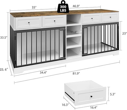 82 Double Dog Crate Furniture, Large Dog Kennel Indoor for 2 Dogs, Heavy Duty Wooden Dog Crate TV Stand with 4 Drawers and Shelves, White