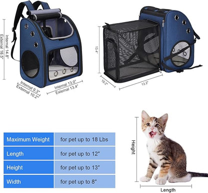 Expandable Pet Carrier Backpack for Cats, Dogs and Small Animals, Portable Pet Travel Carrier, Super Ventilated Design, Airline Approved, Ideal for Traveling/Hiking/Camping, Blue
