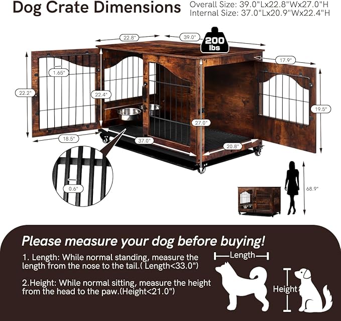 Snowtaros Dog Crate Furniture with 360° Rotatable Hidden Bowls, Heavy Duty Wooden Dog Kennel with Double Doors, Dog Cage End Table Indoor with Removable Tray Swiveling Wheels for Small Medium Dogs